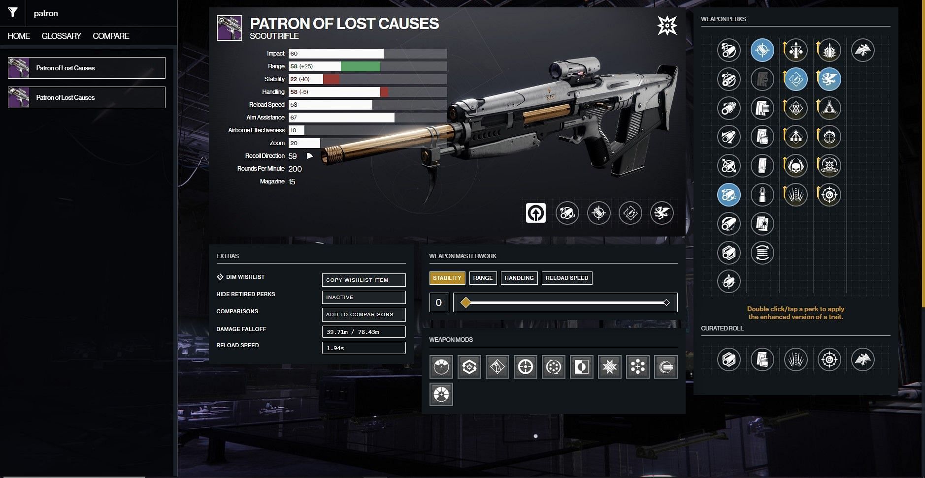 Patron of Lost Causes PvE god roll in Destiny 2 (Image via D2Gunsmith)